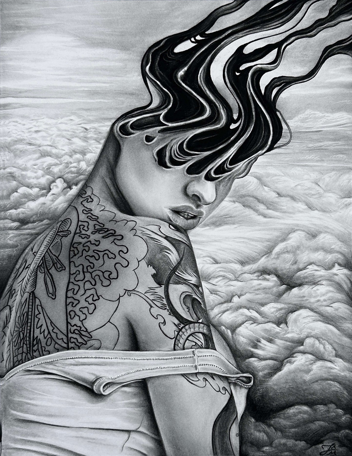 “Through the Clouds” Original Charcoal Drawing