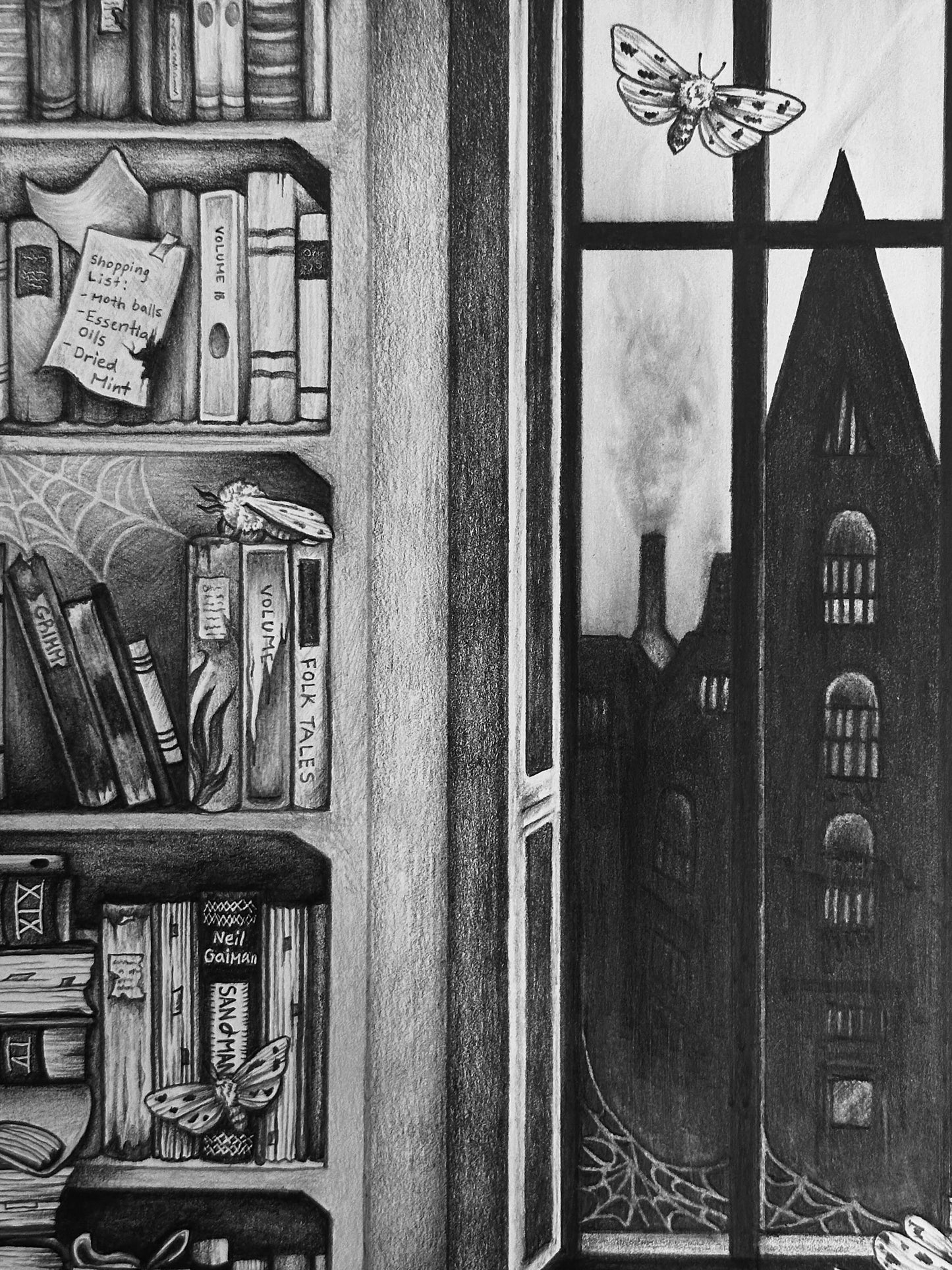 “Moth Bitten Library” Original Graphite Illustration