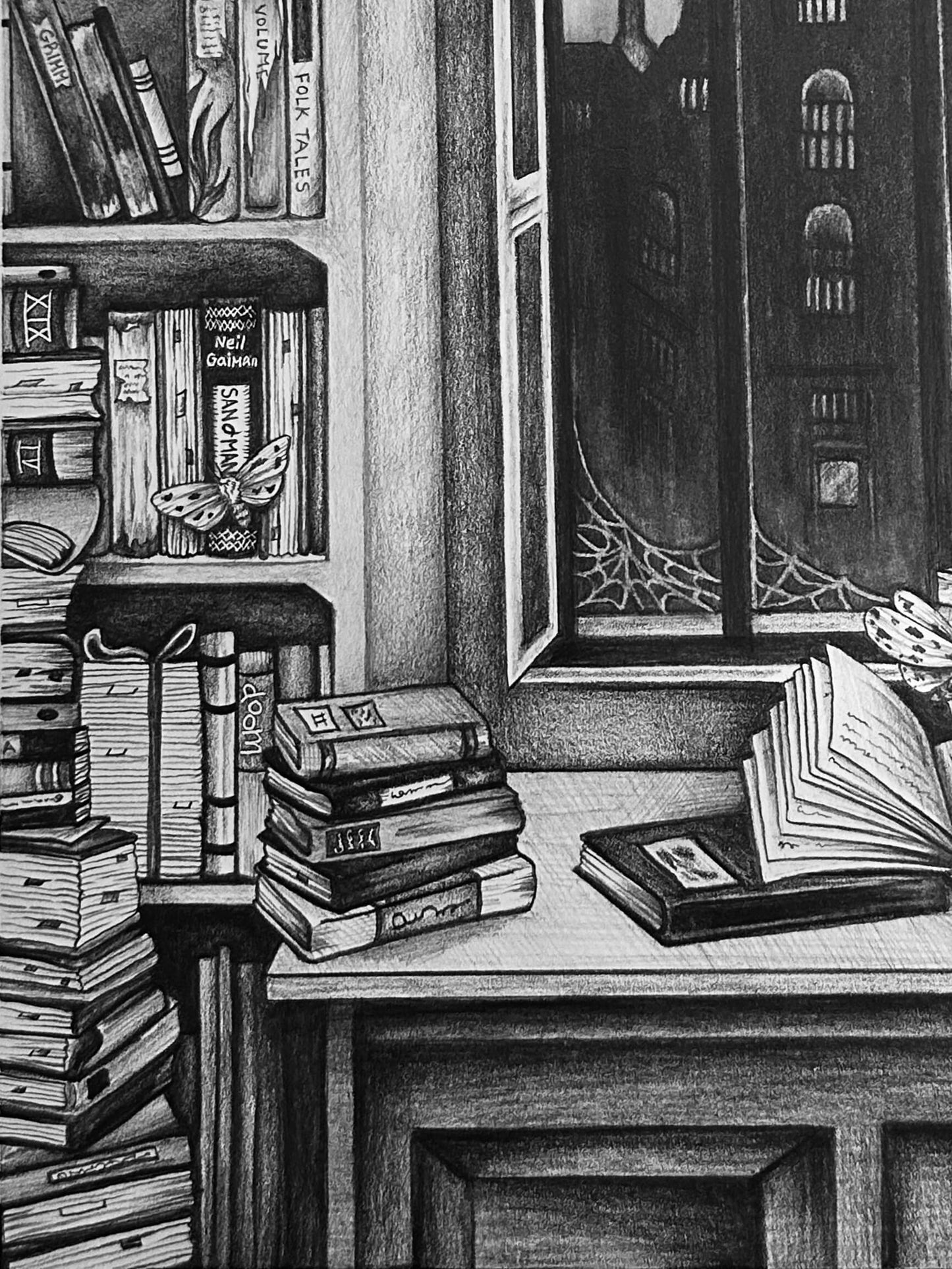 “Moth Bitten Library” Original Graphite Illustration