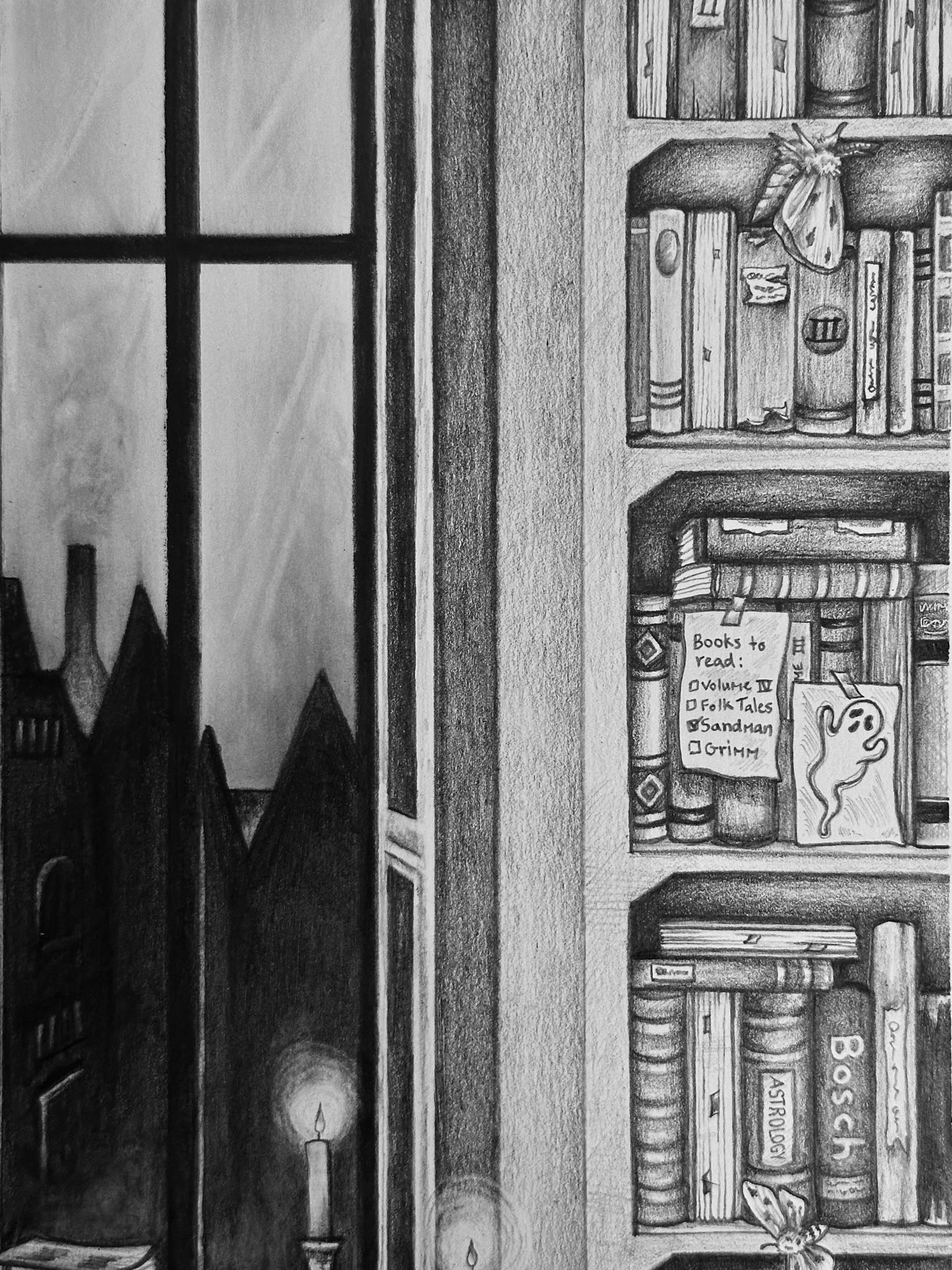 “Moth Bitten Library” Original Graphite Illustration